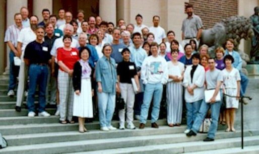 Class of 1996 group photo on the steps of Bowdoin College